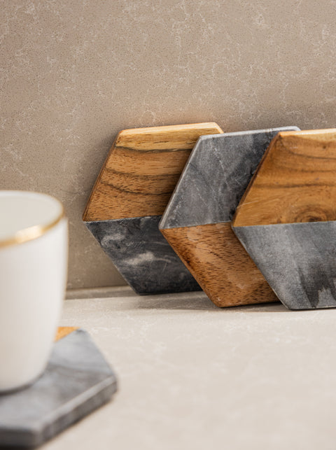 Artisan Marble and Wood Coaster - Set of 4