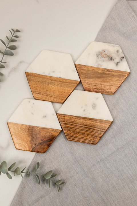 Artisan Marble and Wood Coaster - Set of 4
