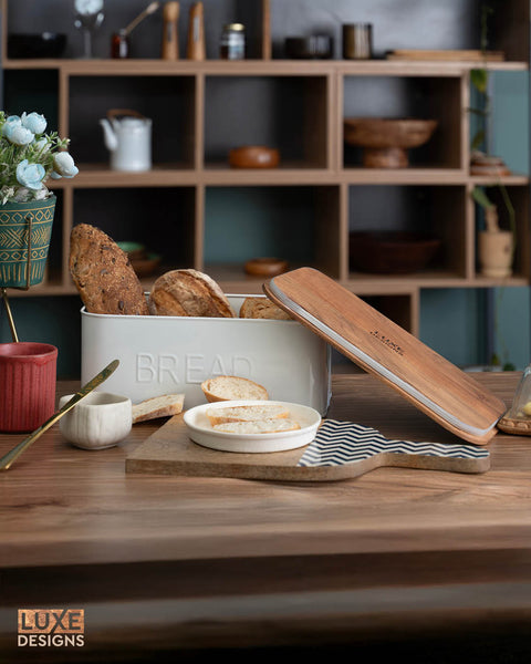 Metal Bread Box with Wooden Lid