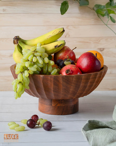 Natural Acacia Carved Footed Bowl