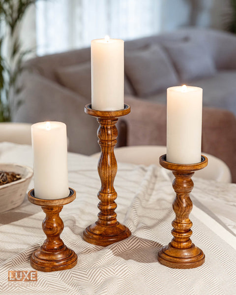 Rustic Wooden Candle Holders - Set of 3 (6", 9", 12")