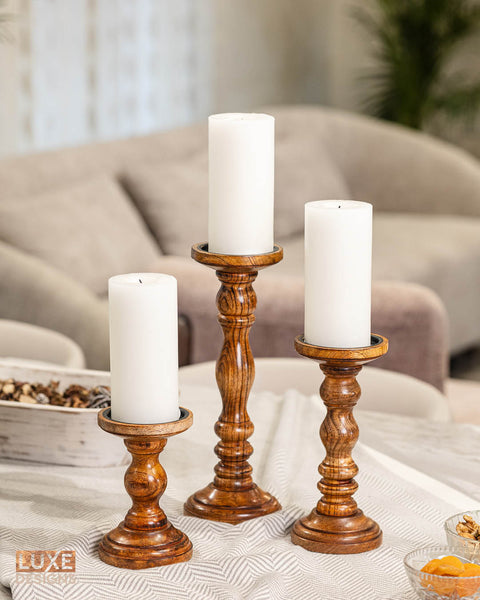 Rustic Wooden Candle Holders - Set of 3 (6", 9", 12")