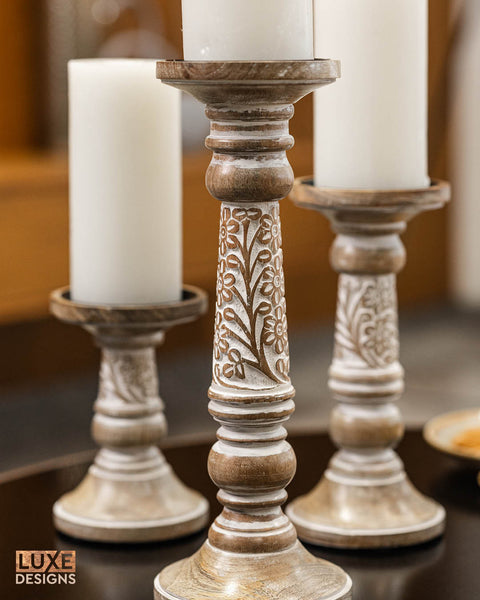 Pillar Hand-Carved White Candle Holders - Set of 3