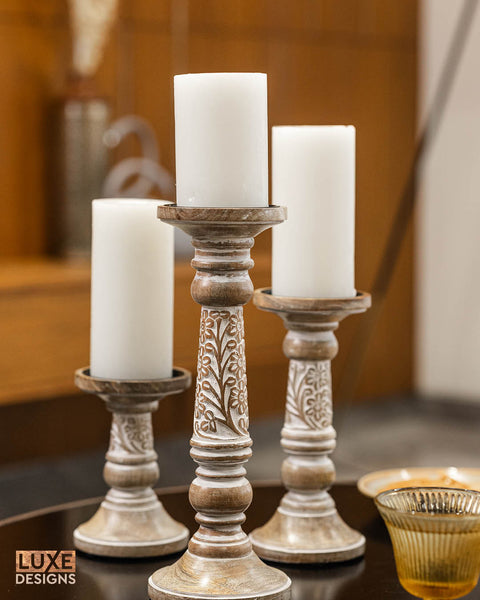 Pillar Hand-Carved White Candle Holders - Set of 3