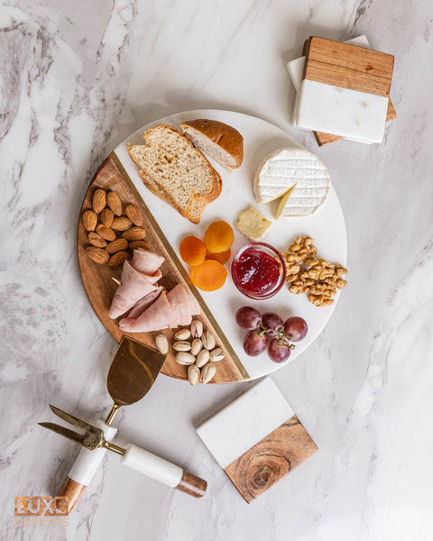 Wood and Marble Cheese Board and Knife Set - 12" Round