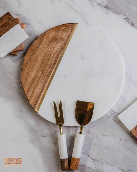 Wood and Marble Cheese Board and Knife Set - 12" Round