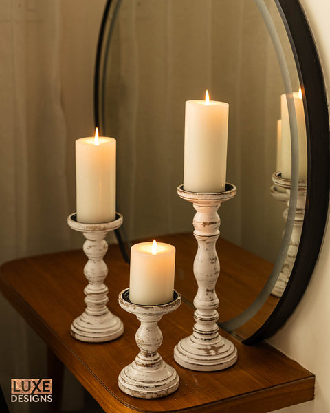 Rustic White Wooden Candle Holders (6", 9", 12") - Set of 3
