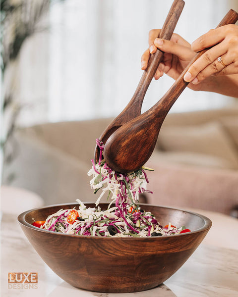 Dark Wood Salad Bowl with Serving Utensils
