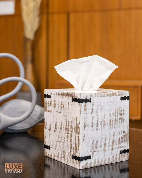 Rustic White Mango Wood Tissue Dispenser - Square Set of 2