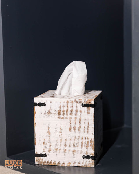 Rustic White Mango Wood Tissue Dispenser - Square Set of 2
