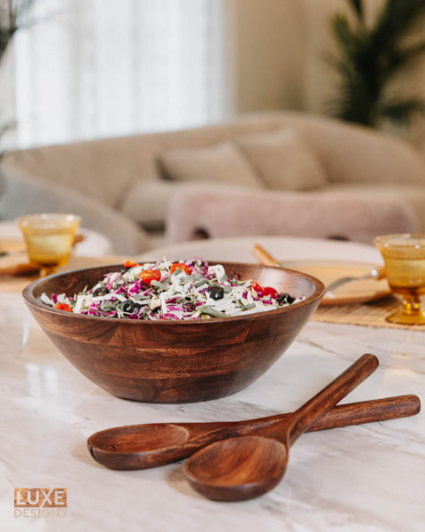 Dark Wood Salad Bowl with Serving Utensils