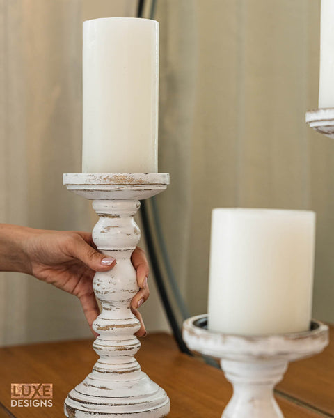 Rustic White Wooden Candle Holders (6", 9", 12") - Set of 3