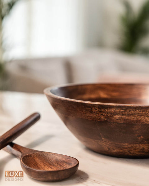 Dark Wood Salad Bowl with Serving Utensils