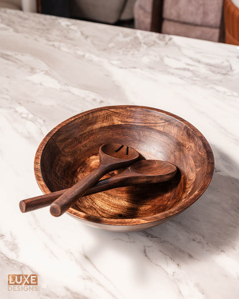 Dark Wood Salad Bowl with Serving Utensils