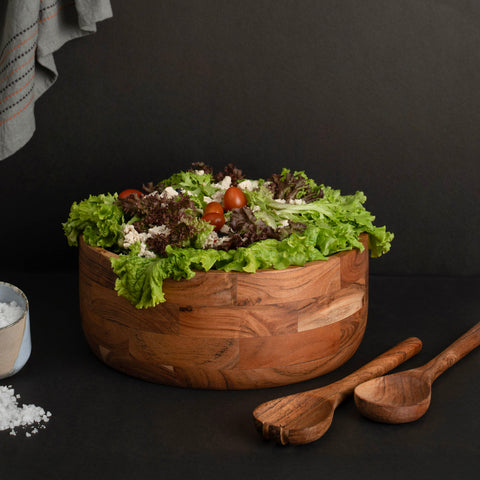Natural Wood 12" Salad Bowl - Set with Serving Utensils