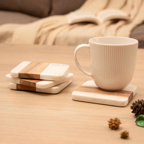 Wood & Marble Coaster Set | 4x4” Square Drink Coasters
