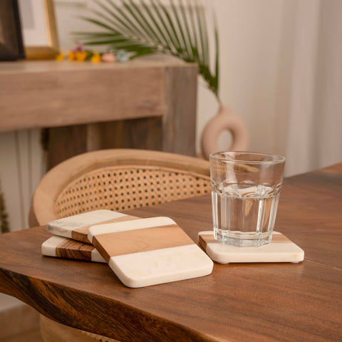 Wood & Marble Coaster Set | 4x4” Square Drink Coasters