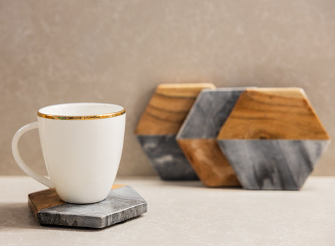 Artisan Marble and Wood Coaster - Set of 4