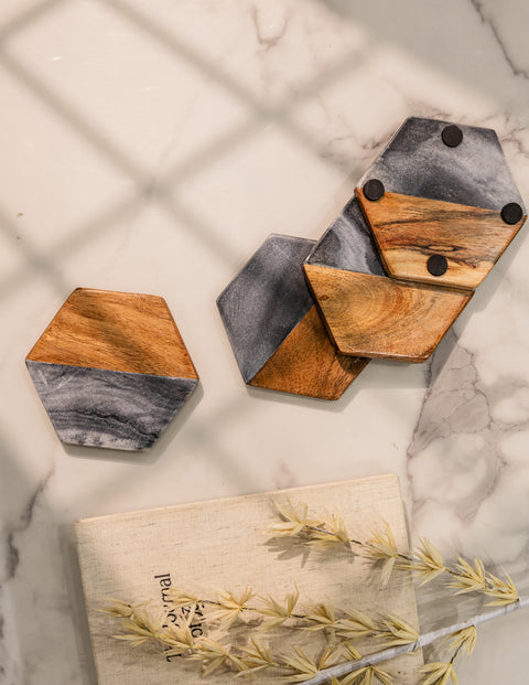 Artisan Marble and Wood Coaster - Set of 4