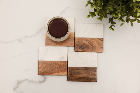 Artisan Marble and Wood Coaster - Set of 4
