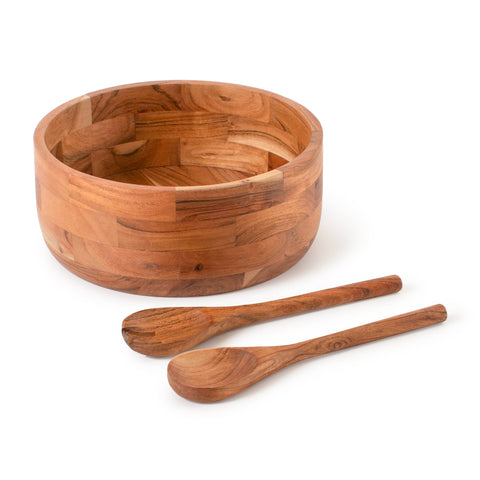 Natural Wood 12" Salad Bowl - Set with Serving Utensils