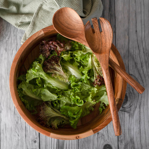 Natural Wood 12" Salad Bowl - Set with Serving Utensils