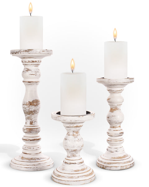 Rustic White Wooden Candle Holders (6", 9", 12") - Set of 3