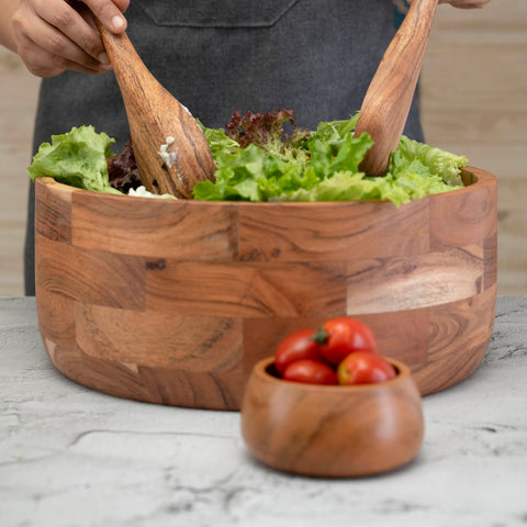 Natural Wood 12" Salad Bowl - Set with Serving Utensils