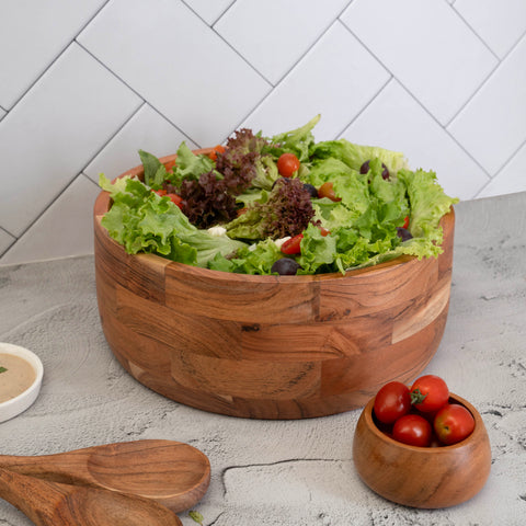 Natural Wood 12" Salad Bowl - Set with Serving Utensils