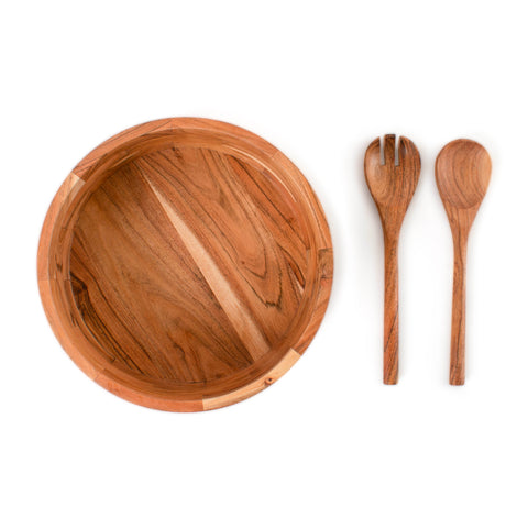 Natural Wood 12" Salad Bowl - Set with Serving Utensils