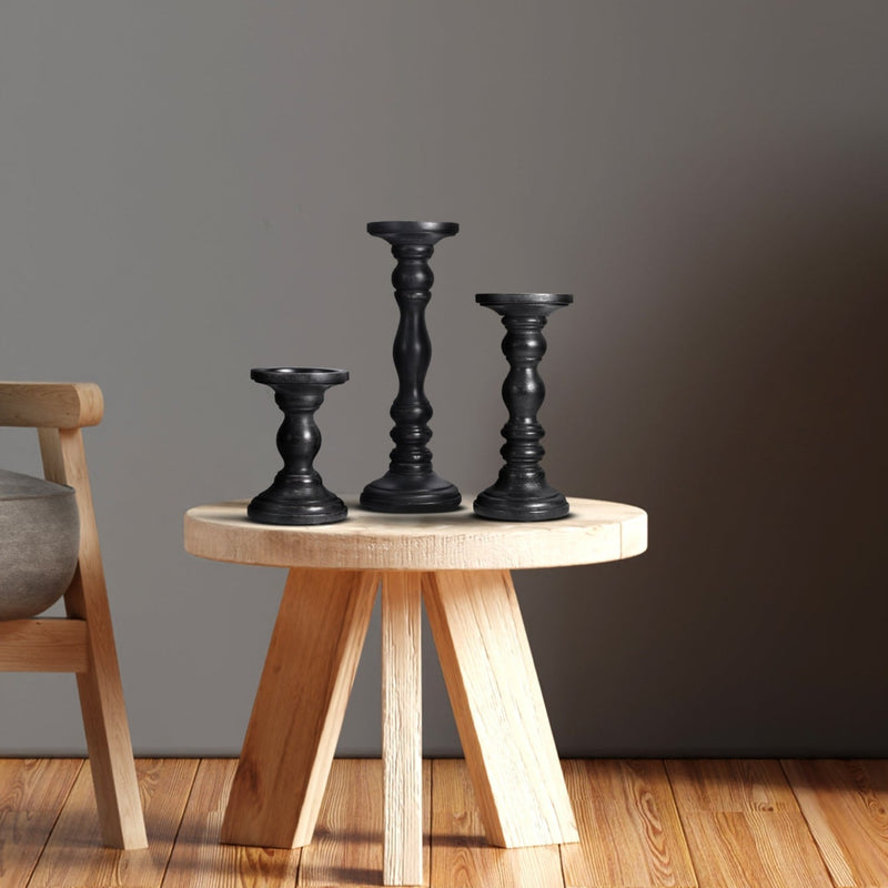Black Rustic Wooden Candle Holders Set of 3 (6", 9", 12")