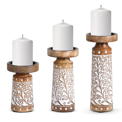 Pillar Candle Holders - Rustic White Hand Carved Mango Wood Candle Holders for Home, Living Room, Kitchen or Table Centerpiece (Set of 3)