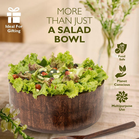 12" Dark Burnt Wooden Salad Bowl Set with Serving Utensils