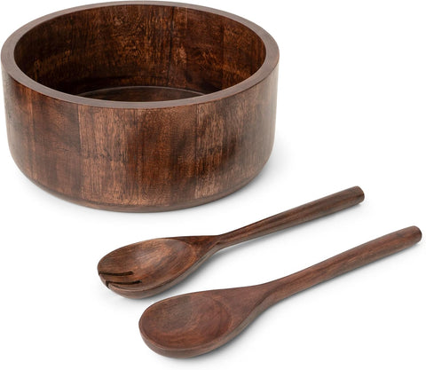 12" Dark Burnt Wooden Salad Bowl Set with Serving Utensils