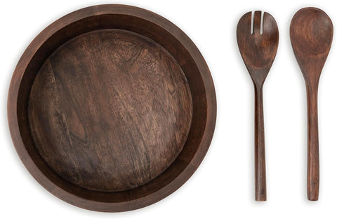 12" Dark Burnt Wooden Salad Bowl Set with Serving Utensils