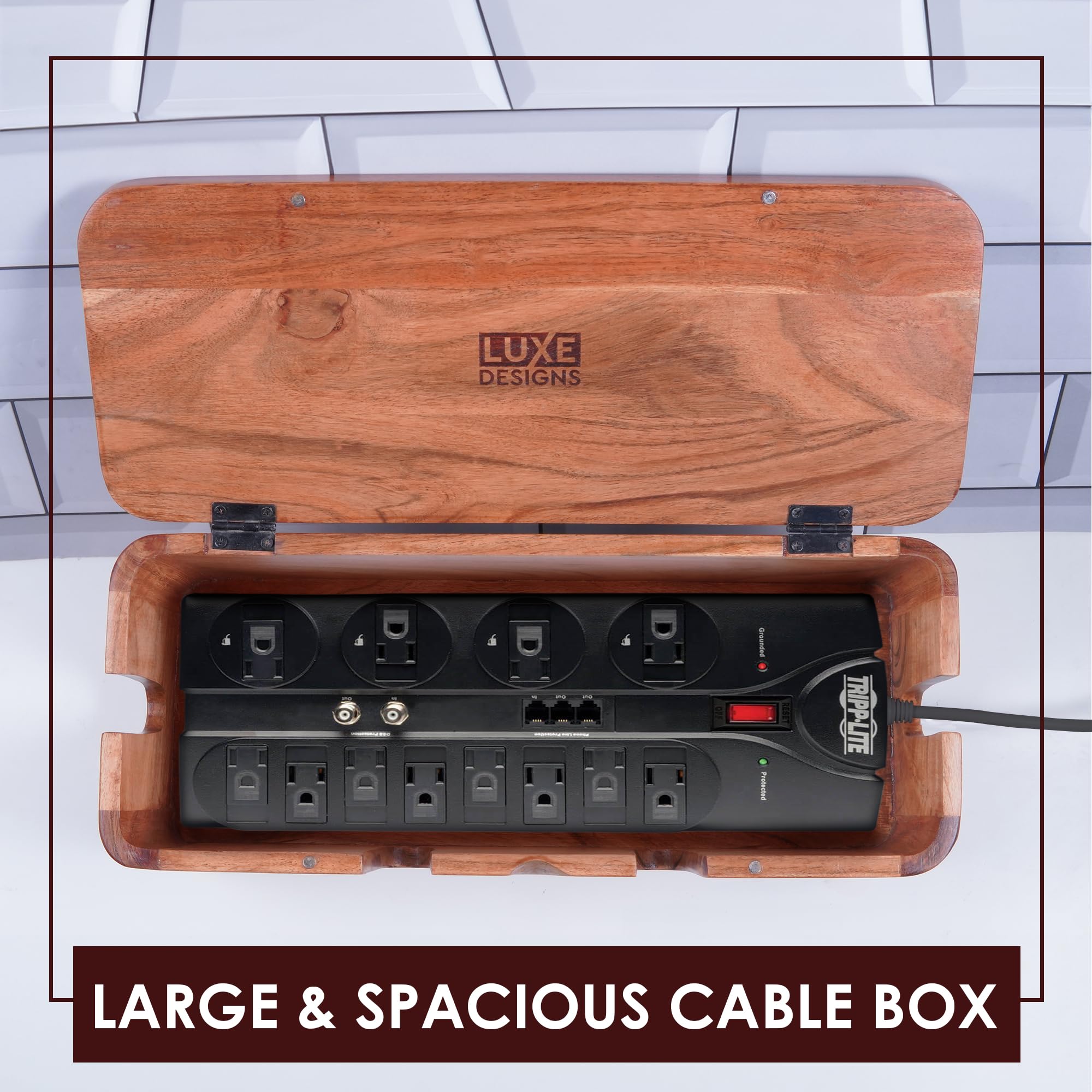 Cable Management Box & Cord Organizer - (Natural Acacia)