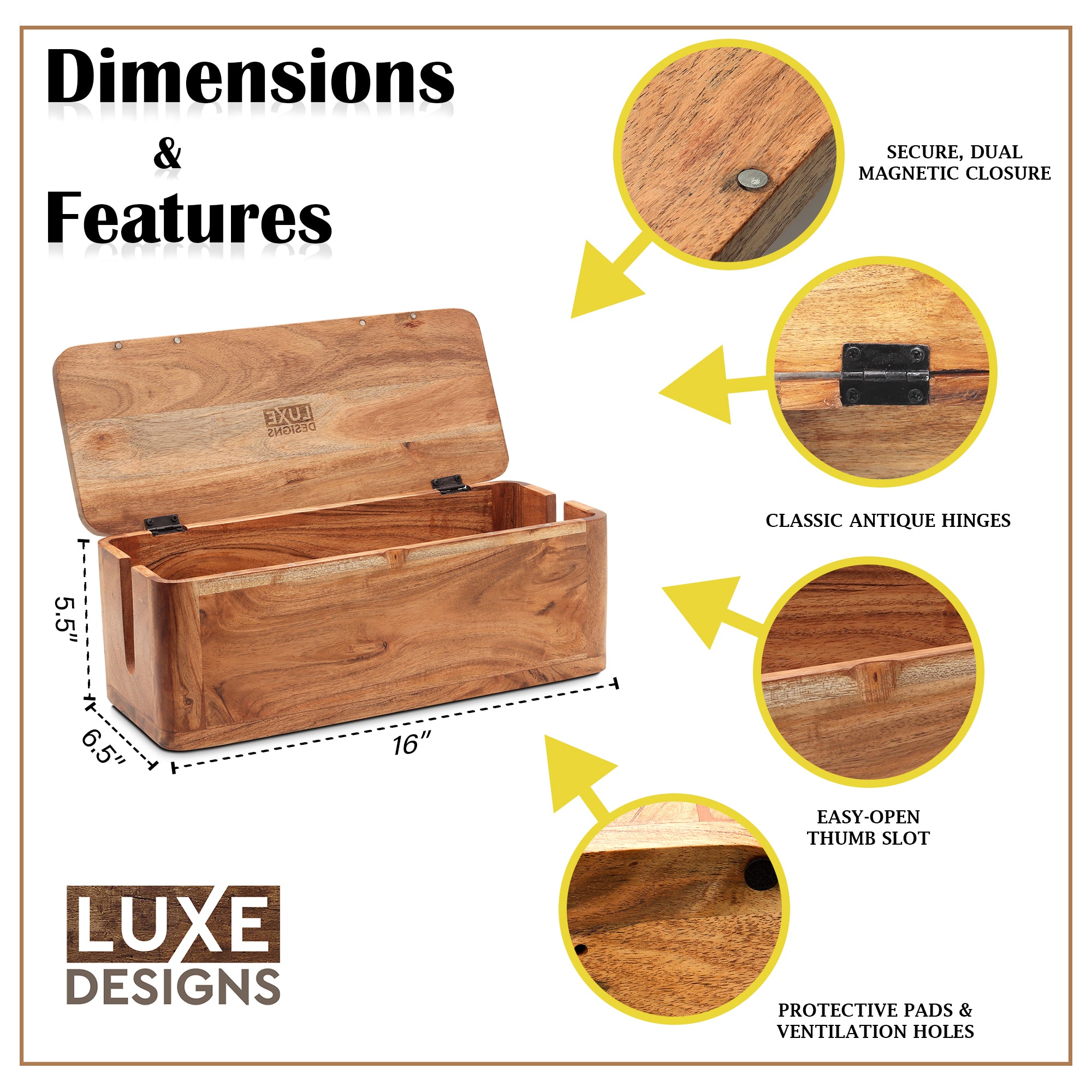 Cable Management and Power Strip Box - Acacia Wood( IND-NatAcaciaBox )