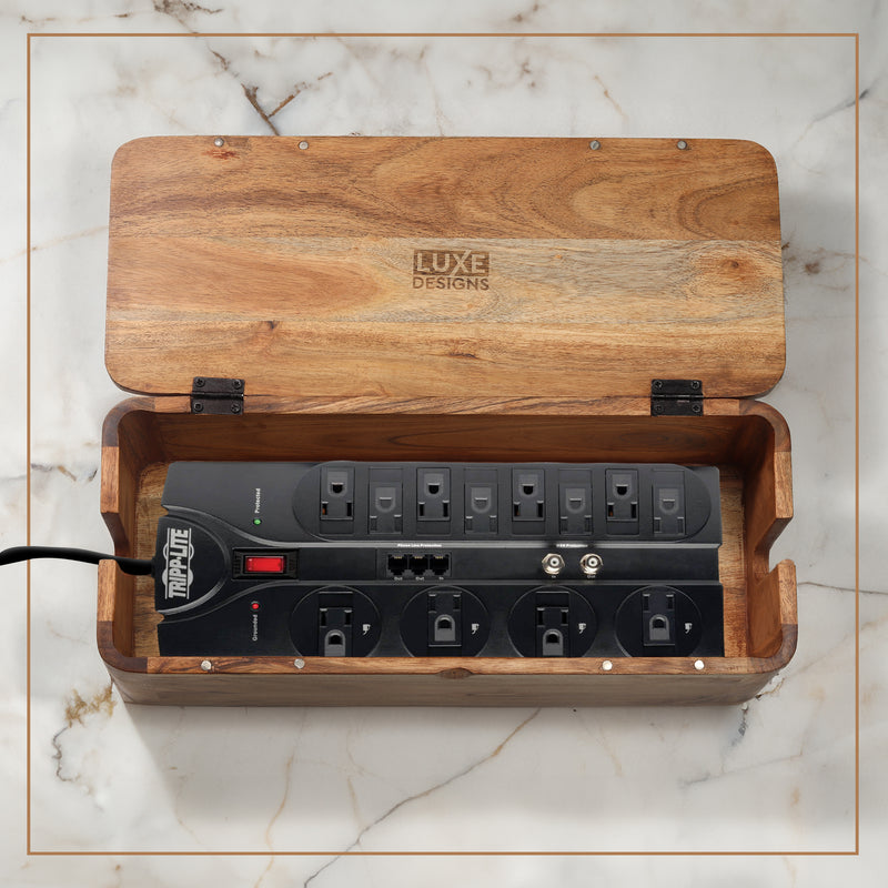 Large Cable Management and Power Strip Box - Acacia Wood