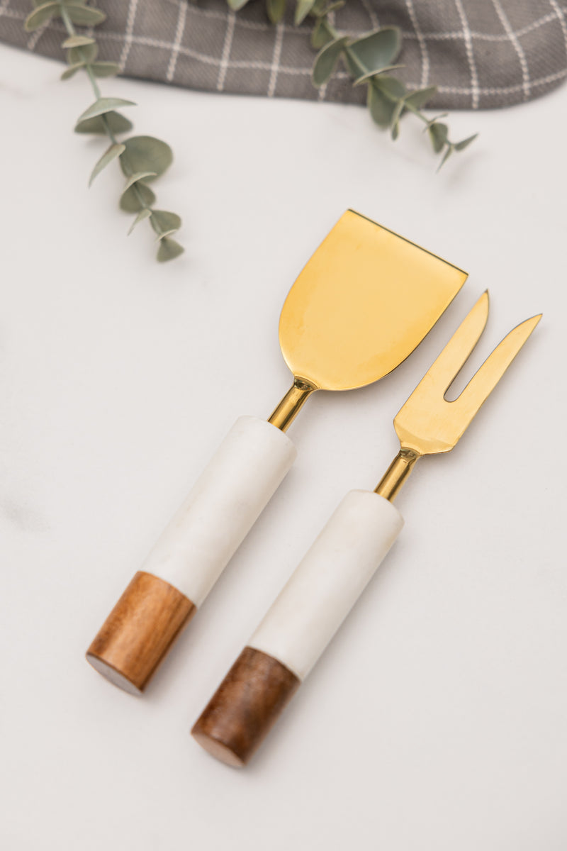 White Marble + Acacia Wood Cheese Knives, Set of 2