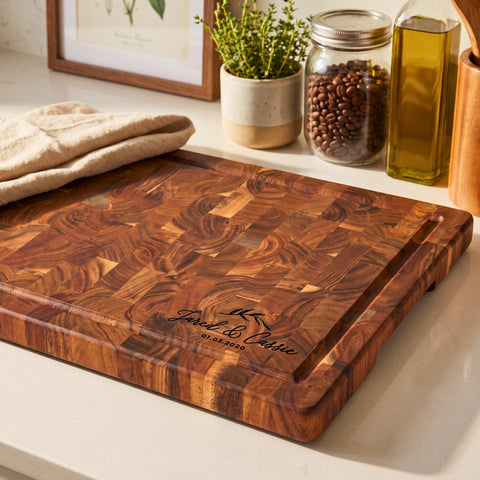 Personalized XL End Grain Butcher Block Cutting Board and Charcuterie Platter, Custom Engraved Wedding and Anniversary Gift