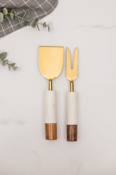 White Marble + Acacia Wood Cheese Knives, Set of 2