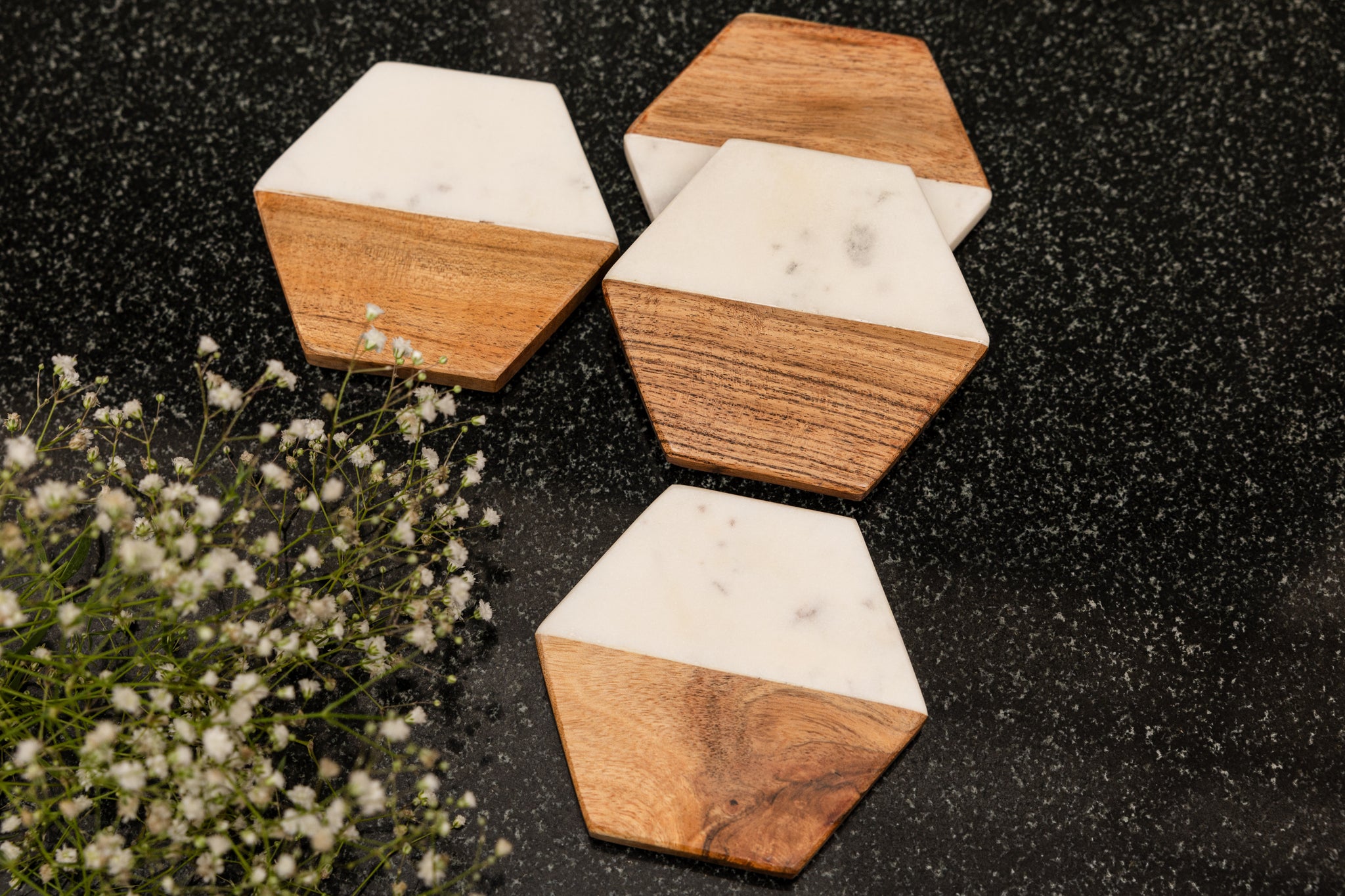 Artisan Marble and Wood Coaster Set of 4 ( IND-WhtHexCst, IND-MarbleCoasterSQ, IND-BlkHexCst, IND-BlkSqrCst )