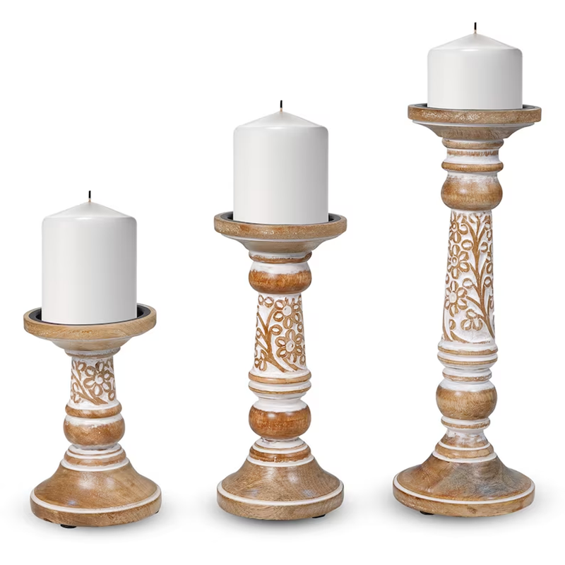 Pillar Candle Holders, Hand Carved Candle Holders for Home, Living Room, Kitchen or Table Centerpiece (Set of 3)