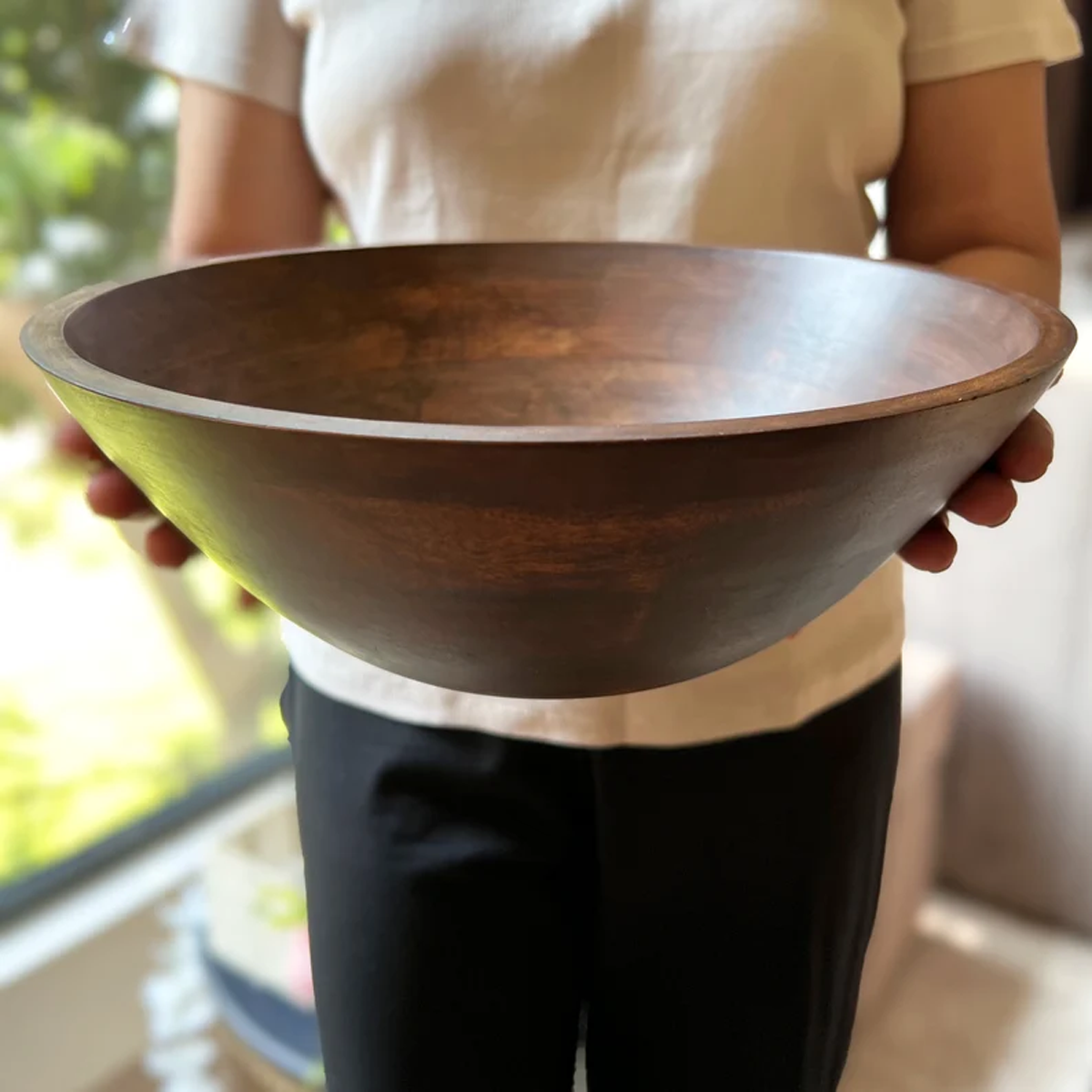 Dark Wood Salad Bowl with Serving Utensils