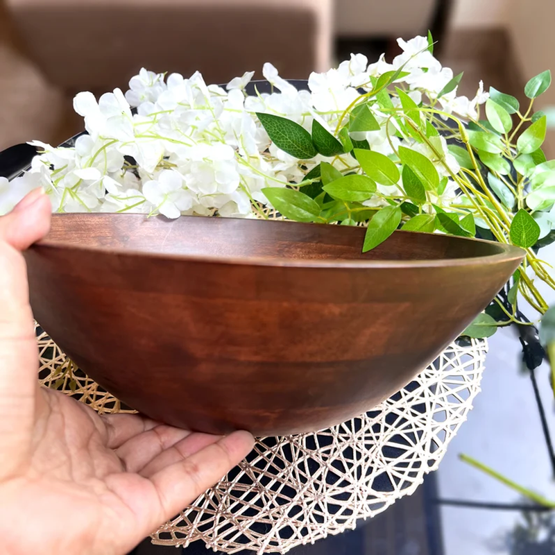 Dark Wood Salad Bowl with Serving Utensils