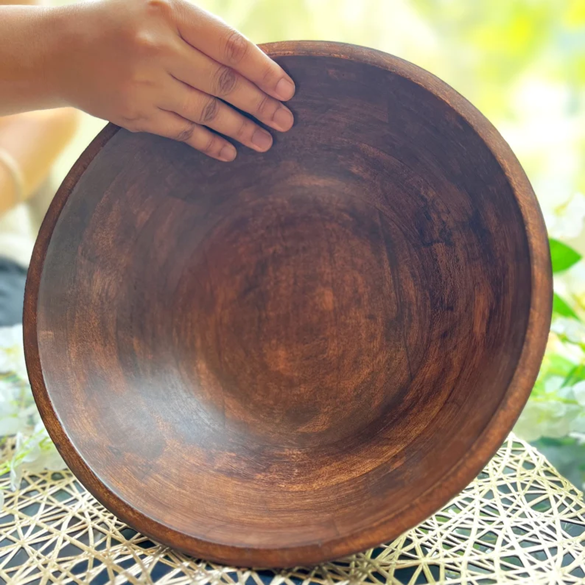 Dark Wood Salad Bowl with Serving Utensils