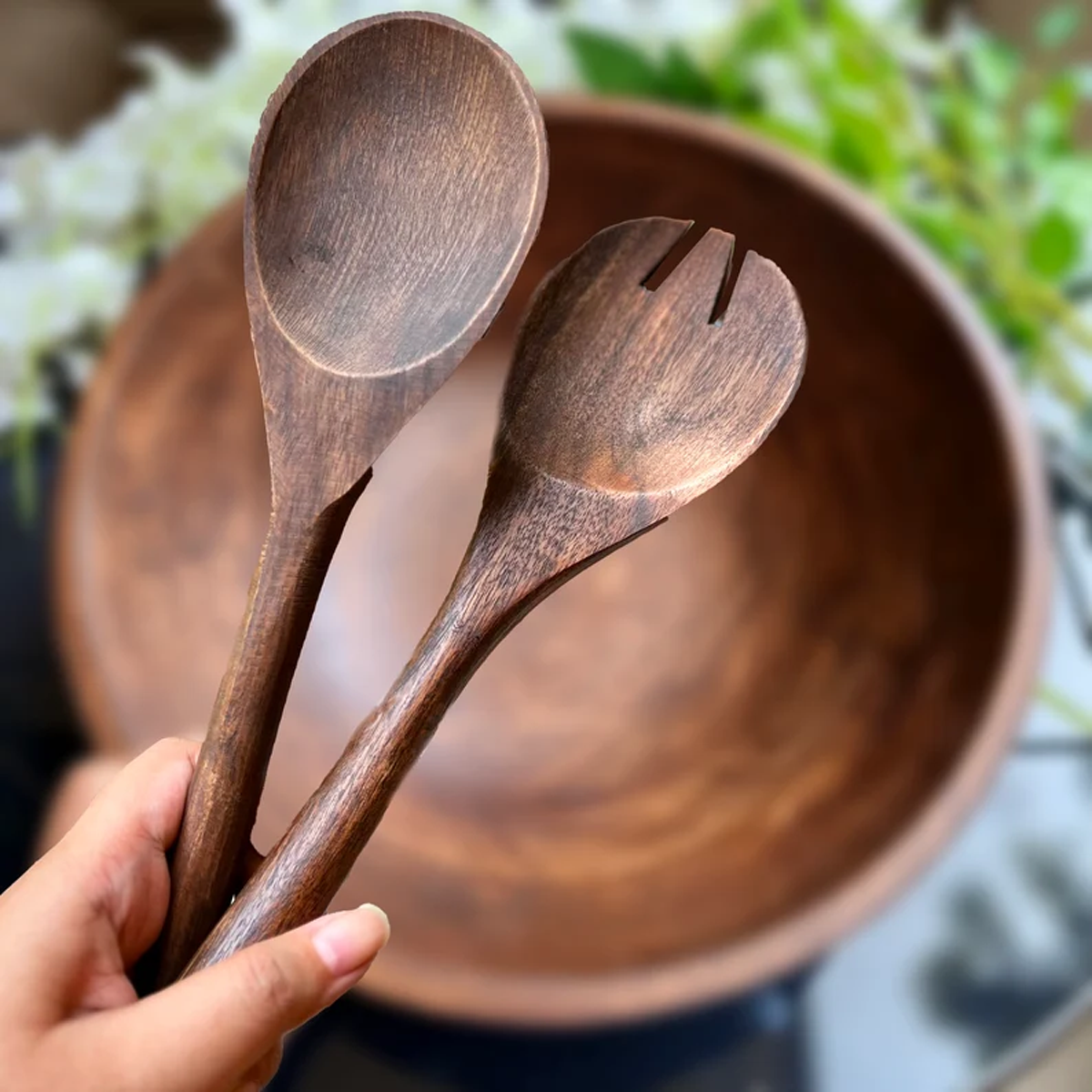 Dark Wood Salad Bowl with Serving Utensils