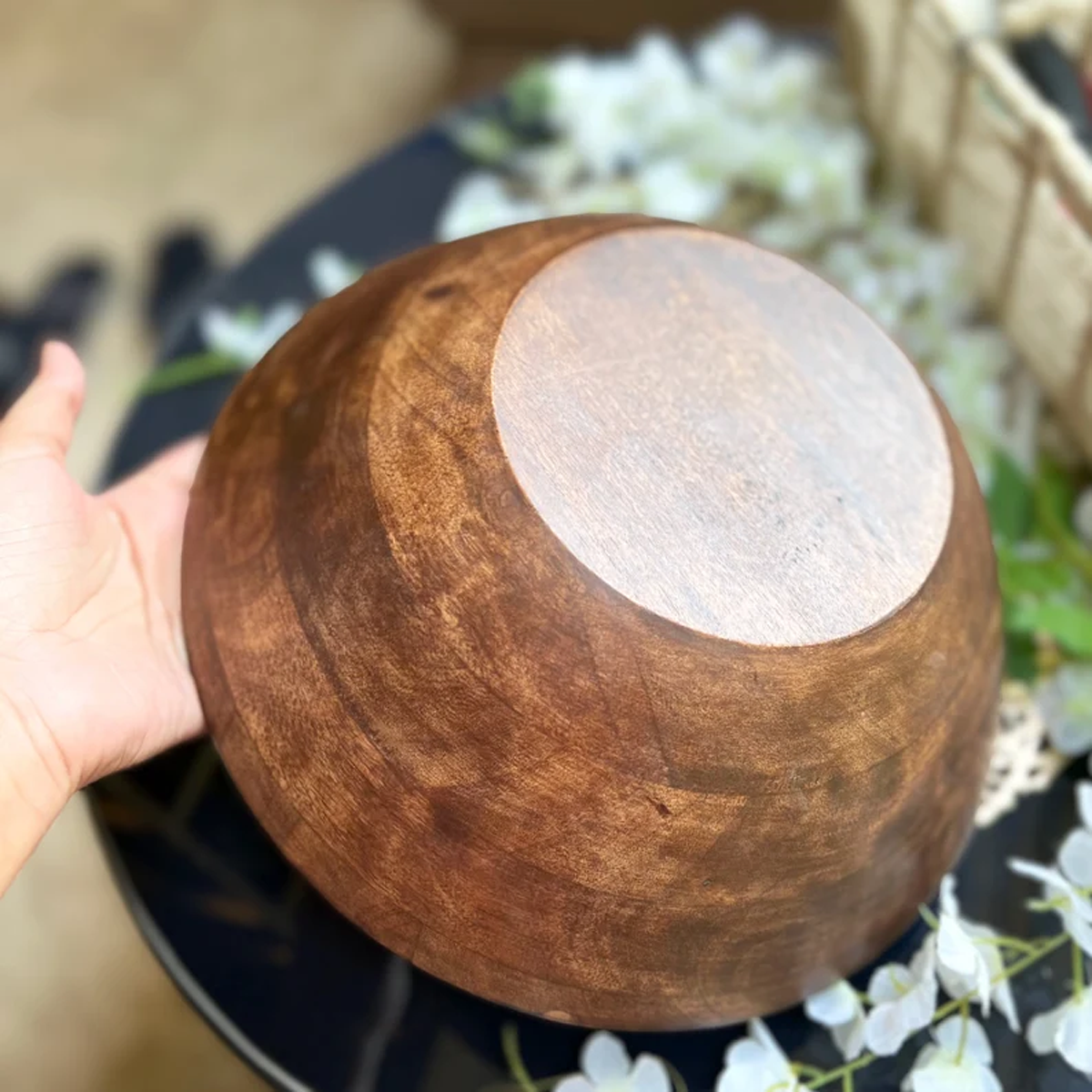 Dark Wood Salad Bowl with Serving Utensils