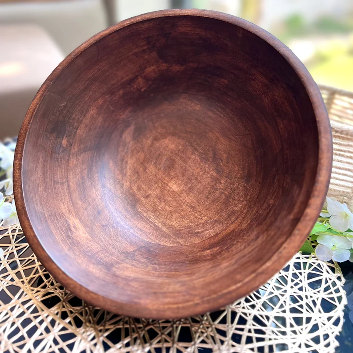 Dark Wood Salad Bowl with Serving Utensils