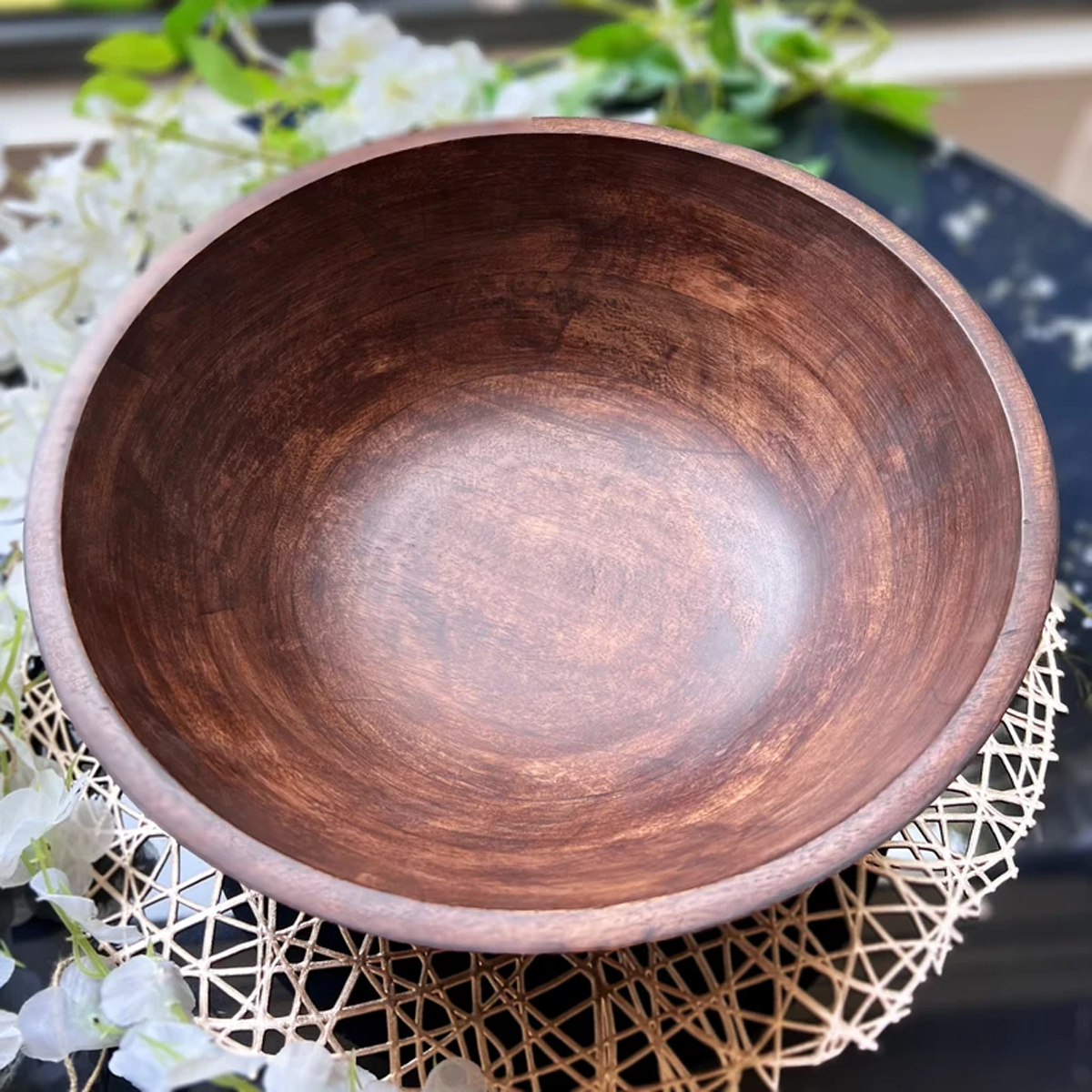 Dark Wood Salad Bowl with Serving Utensils